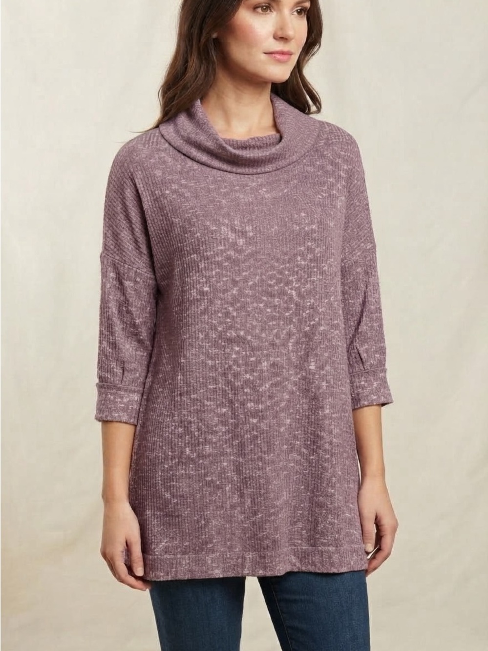NWT Umgee Mauve Heathered Cowl Neck Waffle Knit Tunic Top Oversized Size S